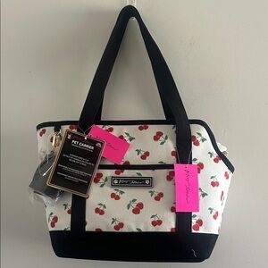 Betsey Johnson, Pet Carrier White Cherry Print Tote with Black Trim
